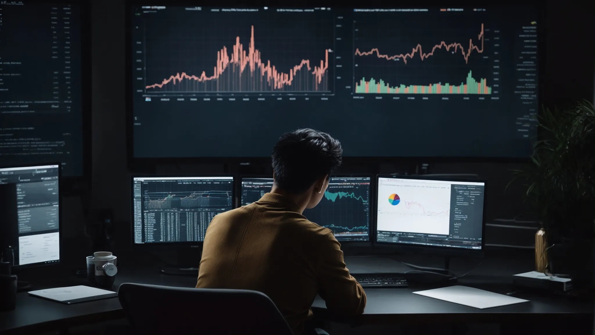 a person sitting at a desk with a computer displaying graphs of website traffic analytics.