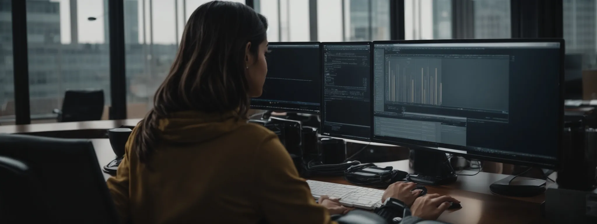 a person typing on a computer in a modern office setup, symbolizing engagement with seo and nlp tools.