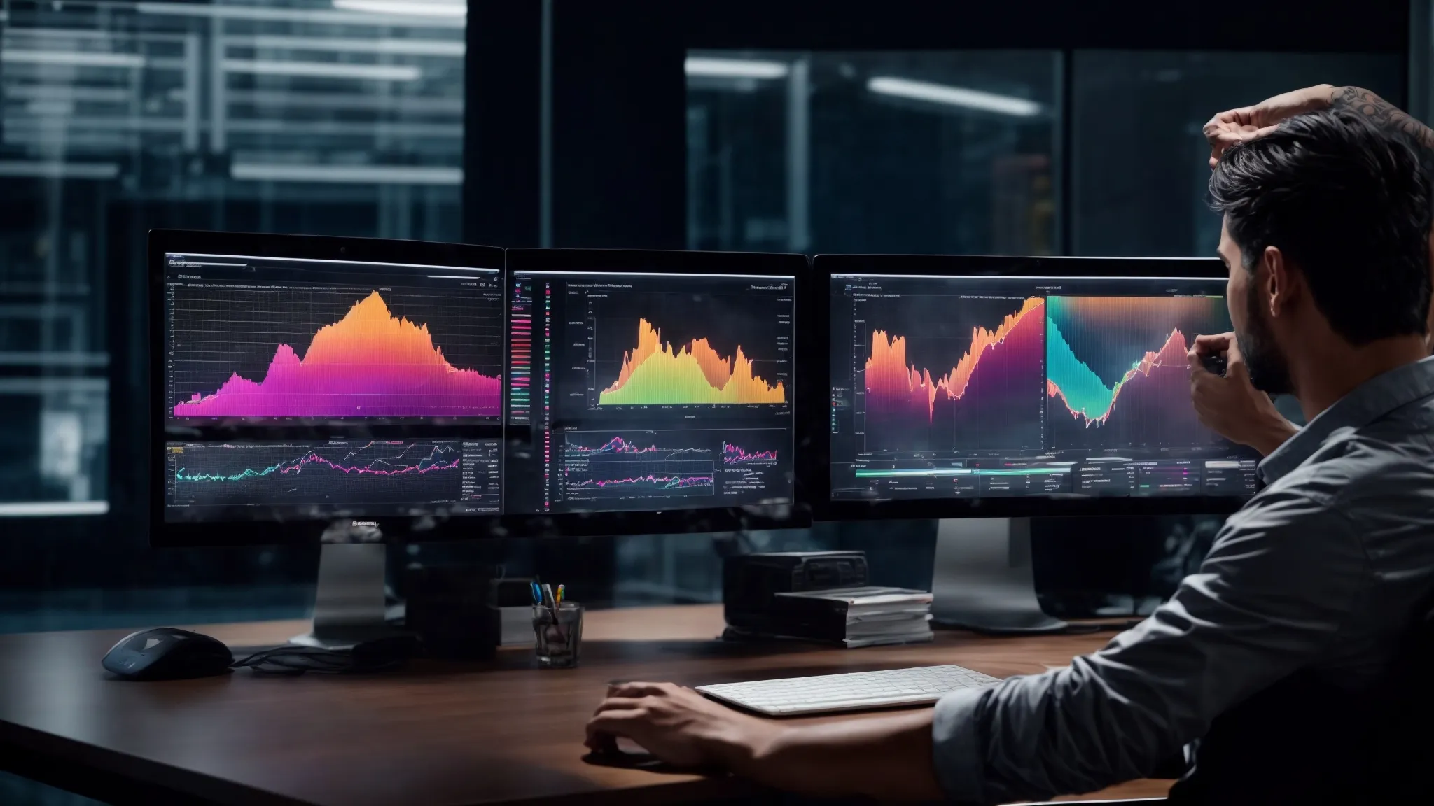 A person sits at a desk monitoring colorful financial graphs and data charts displayed on three computer monitors in a modern office setting.