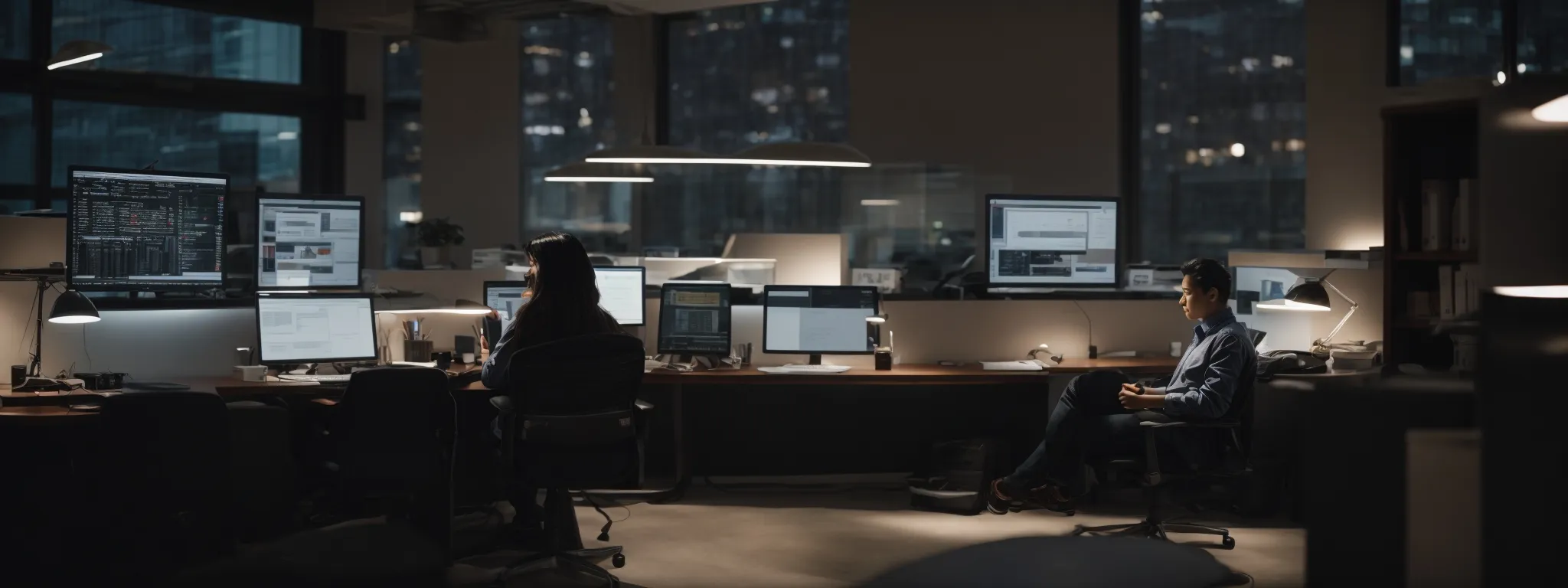 a person sits in a well-lit, modern office space, intently studying digital marketing trends on a large, sleek desktop computer.