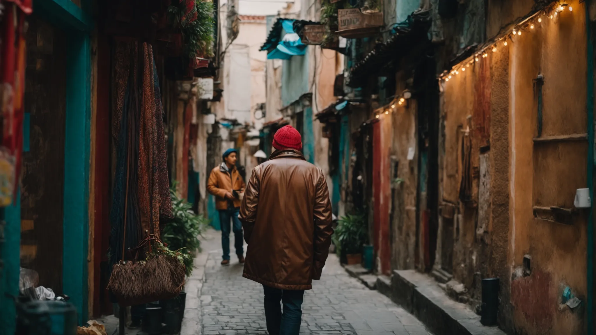 an explorer wanders through a narrow, vibrant street dotted with eclectic, hidden art galleries.