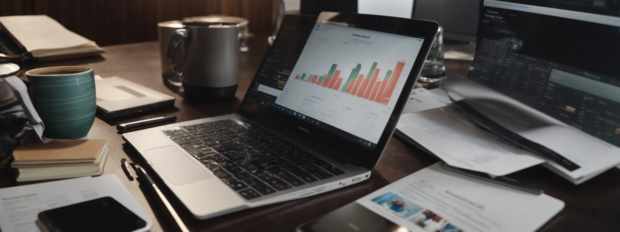 a laptop with analytical graphs on the screen surrounded by marketing strategy books and a smartphone displaying a social media app.