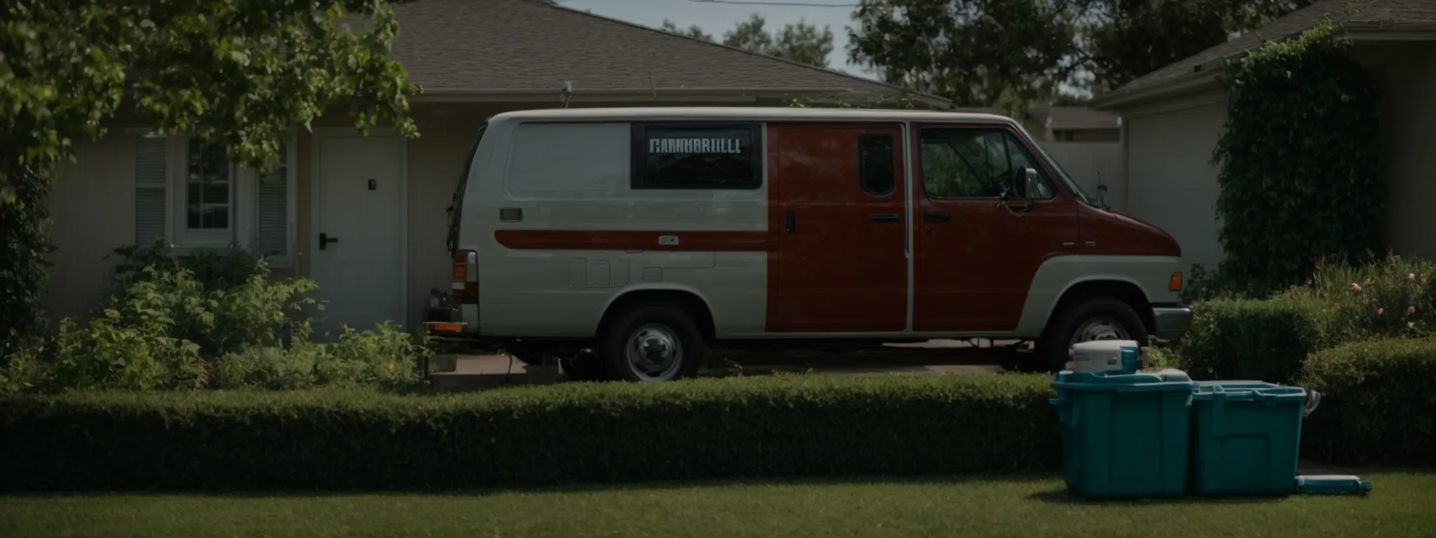 a plumber's van parked outside a suburban home against a backdrop of well-maintained neighborhood gardens.