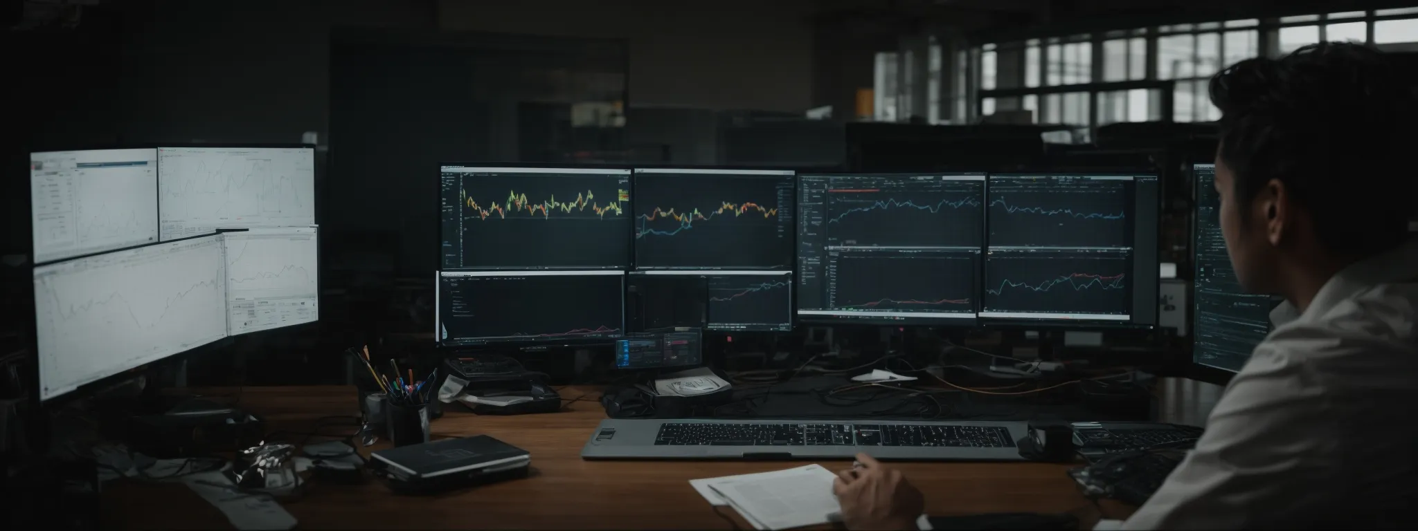 a person sitting at a desk with two computer monitors displaying graphs and video analytics software.
