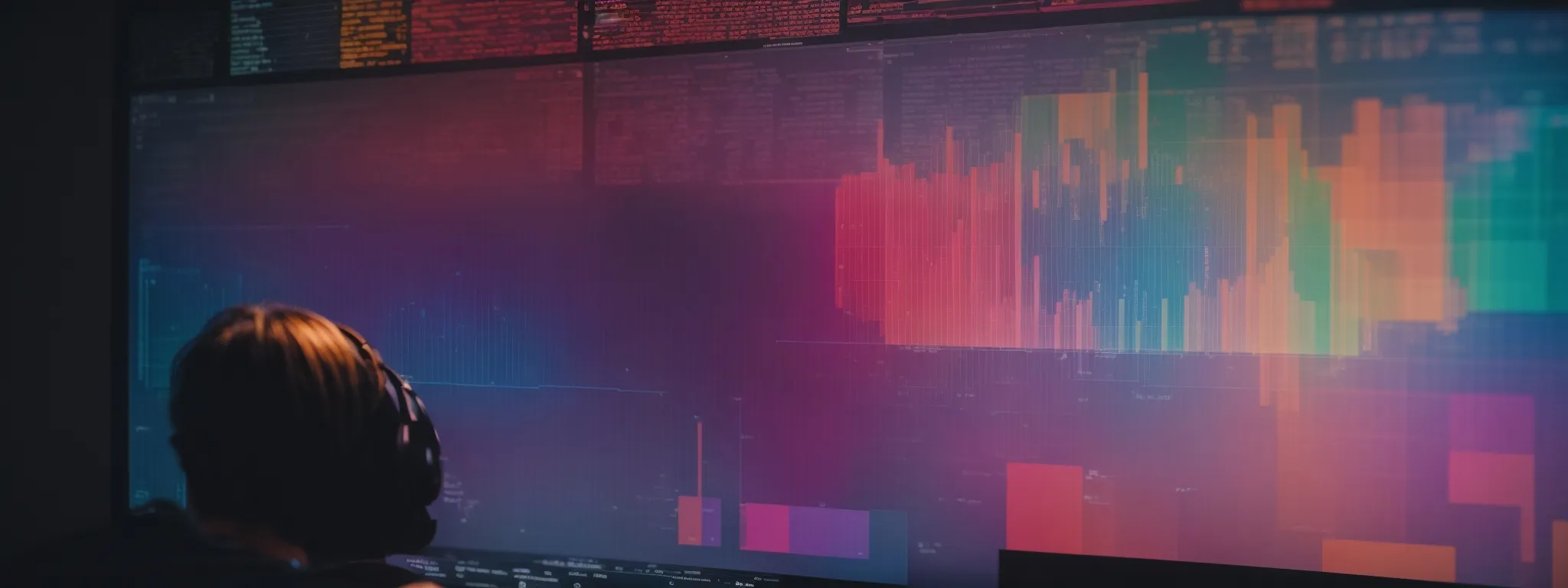 a marketer analyzes a colorful heatmap overlay on a computer screen, reflecting user interaction on a website's landing page.