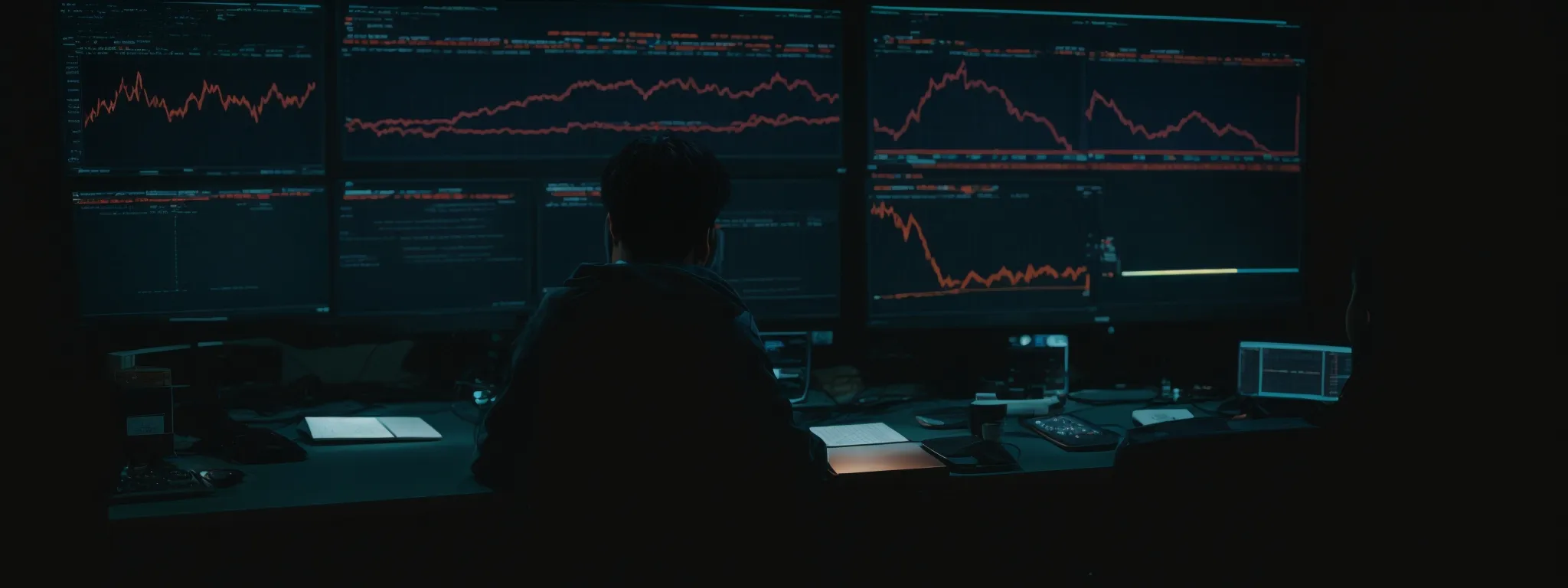 a person sitting in front of a computer screen, analyzing data for optimizing website seo.