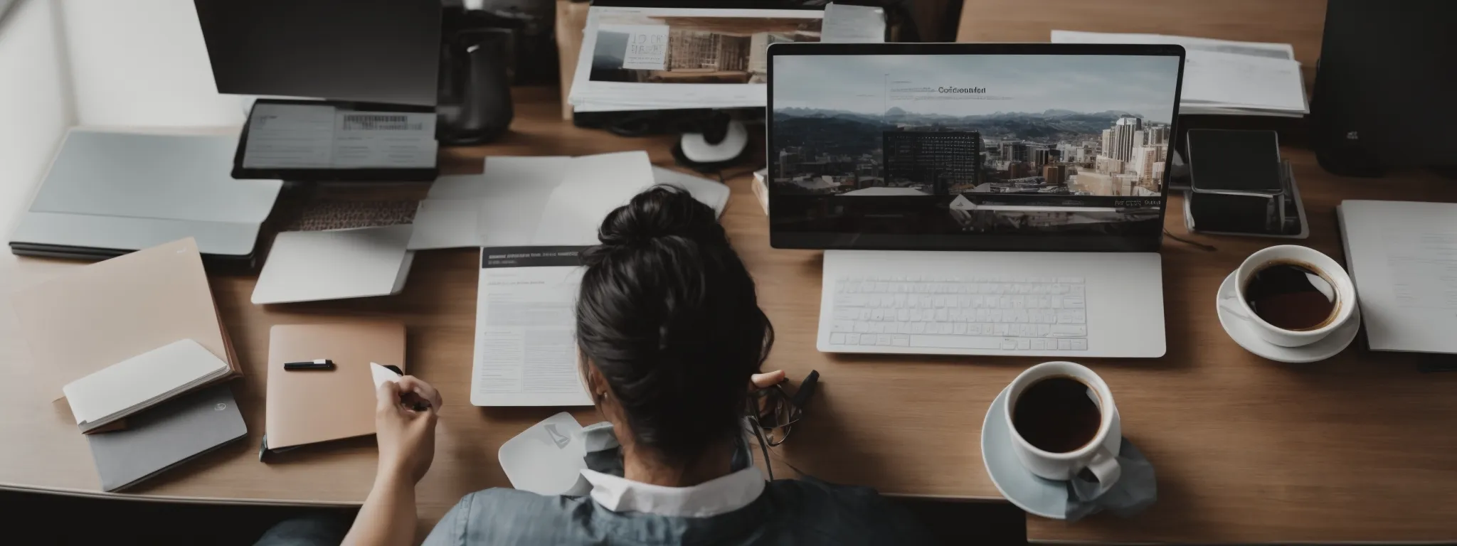 a person sitting at a modern desk with a computer, surrounded by marketing strategy documents and a cup of coffee.