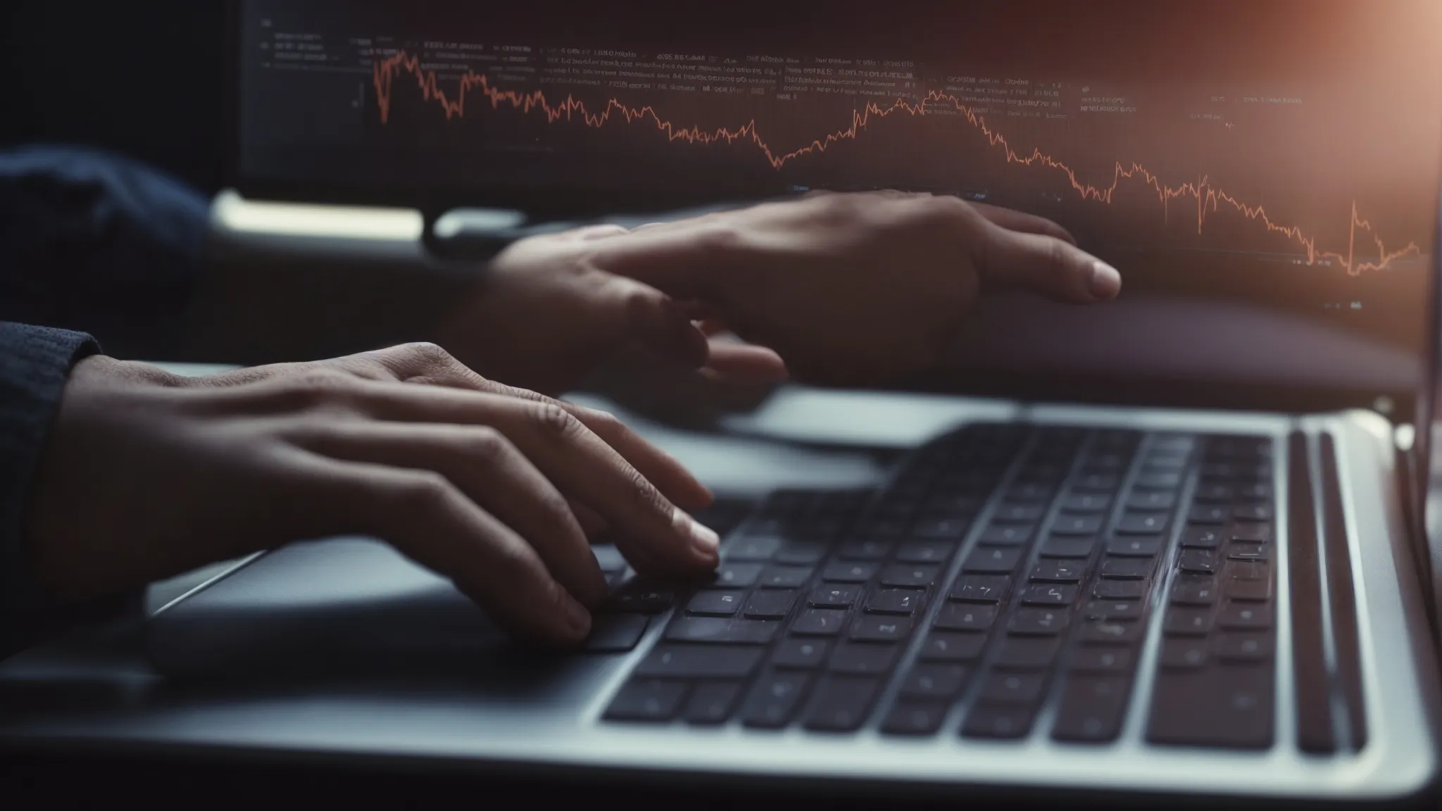 a close-up of a person typing on a laptop, with a faint overlay of graphs and web browsers indicating digital marketing strategy analysis.