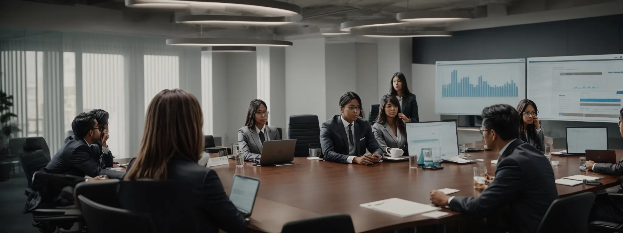 a conference room with an open laptop displaying charts and a group of professionals engaging in a focused discussion around the table.