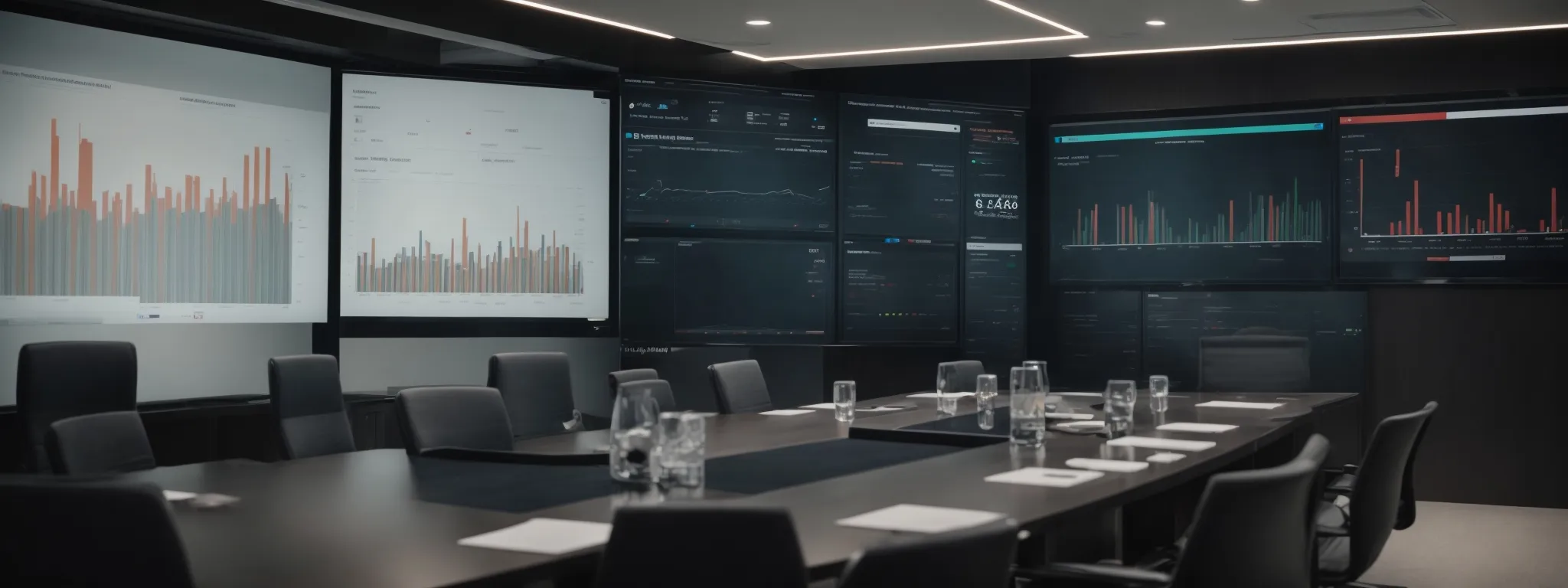 a corporate meeting room with a large digital analytics dashboard displaying recruitment metrics on-screen.