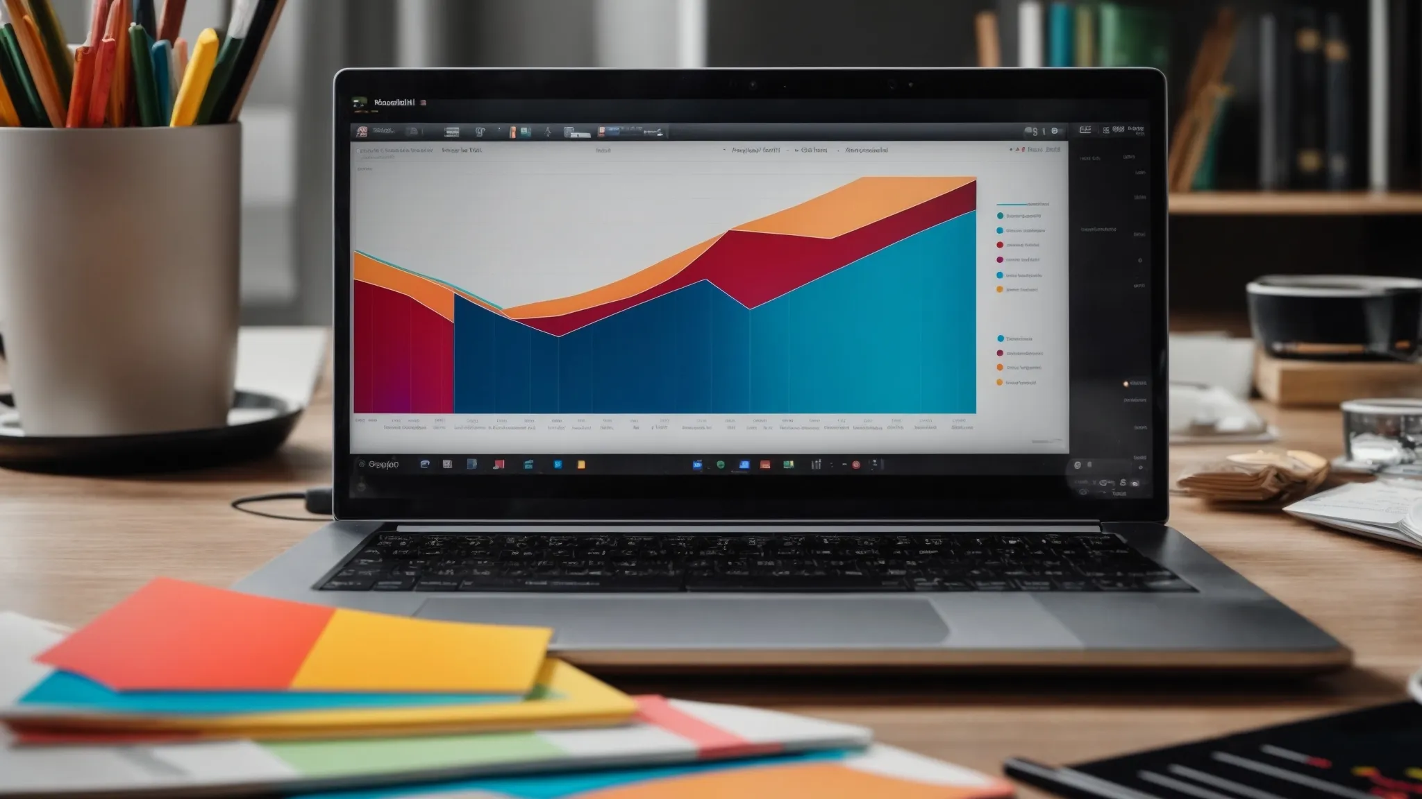 a laptop displaying colorful graphs and charts with a mouse and notepad beside it.