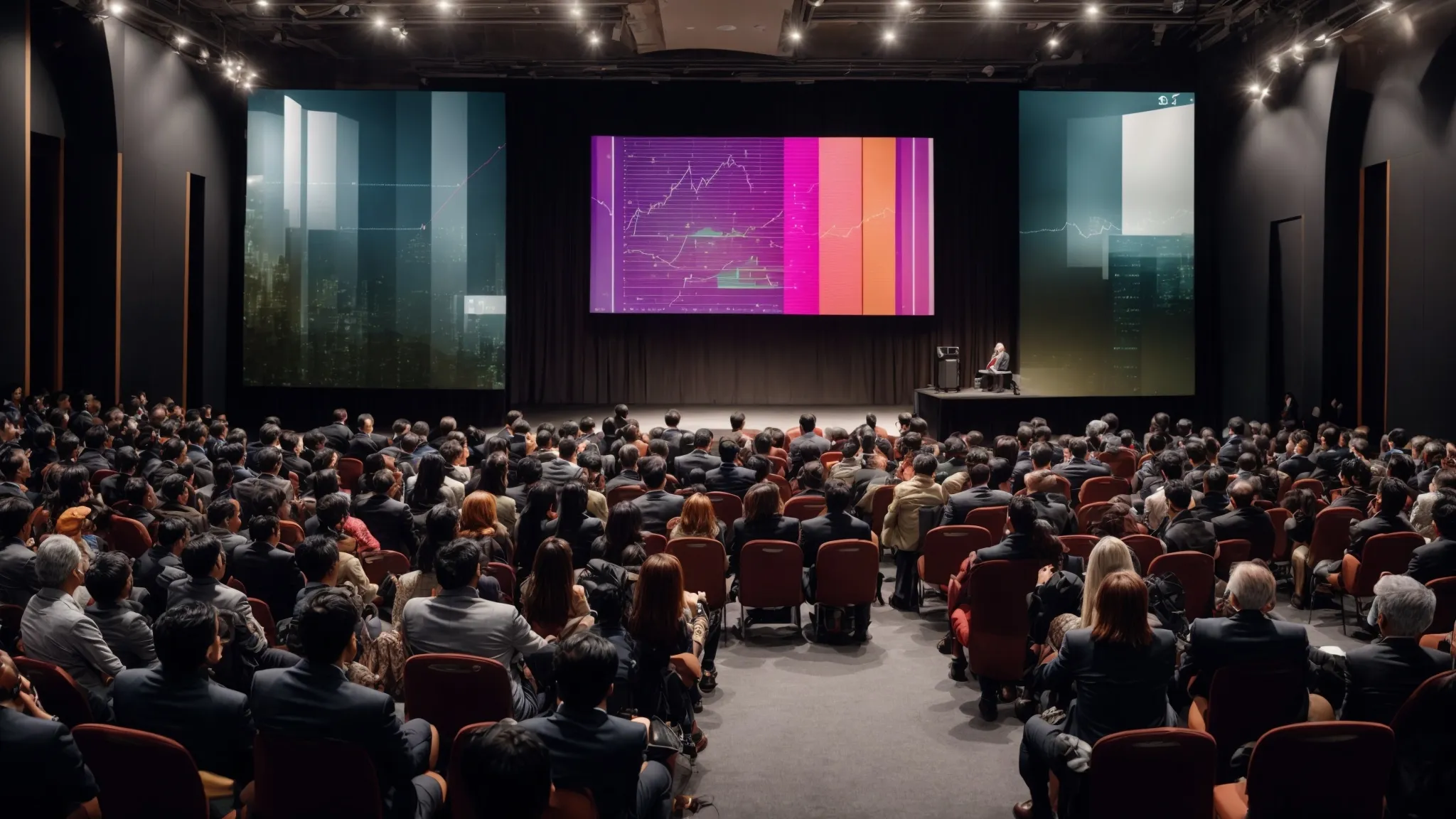 a speaker presents to an audience of professionals in a large conference hall with a digital screen displaying colorful graphs.