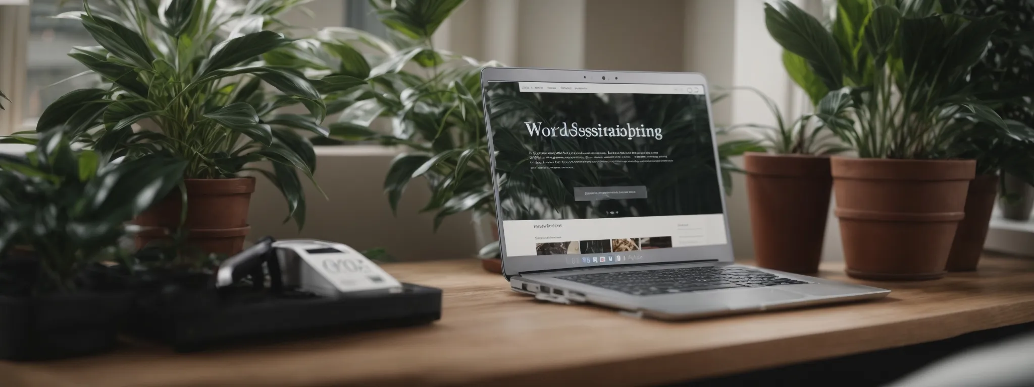 a laptop displaying the wordpress dashboard with seo plugin installation progress on a desk beside a potted plant.