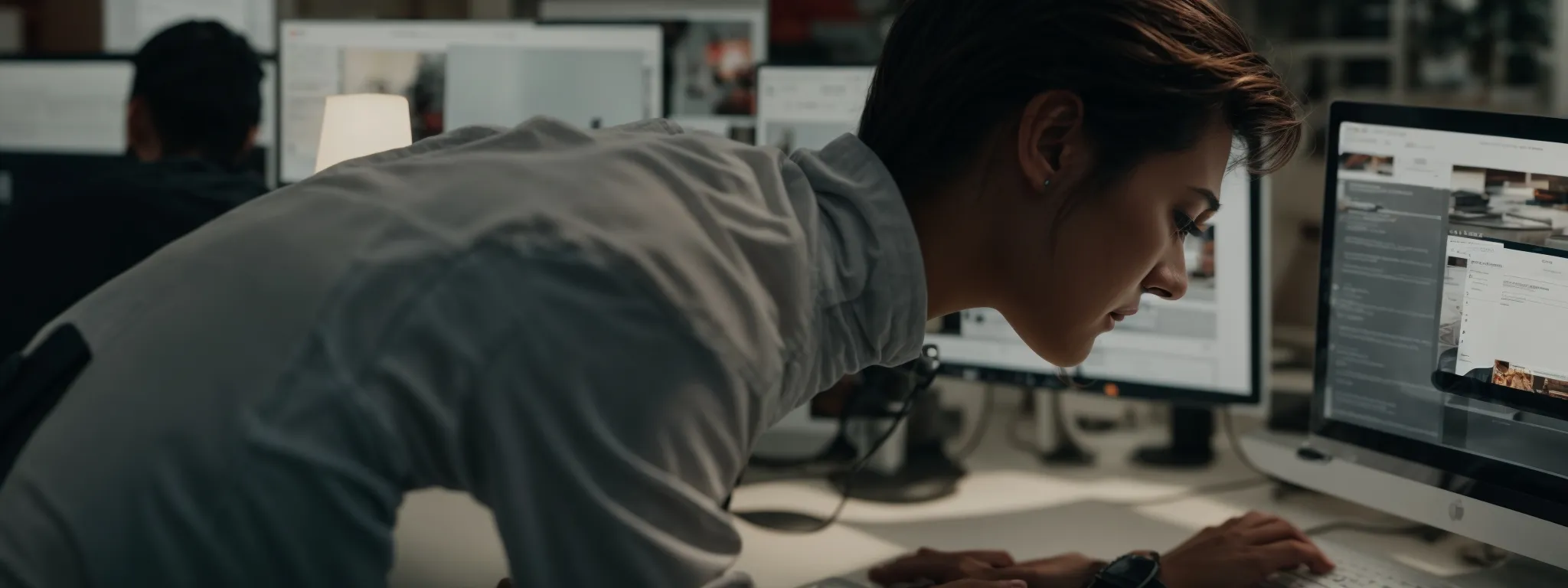 a web designer scrutinizing a computer screen displaying an aesthetic and organized webpage layout.