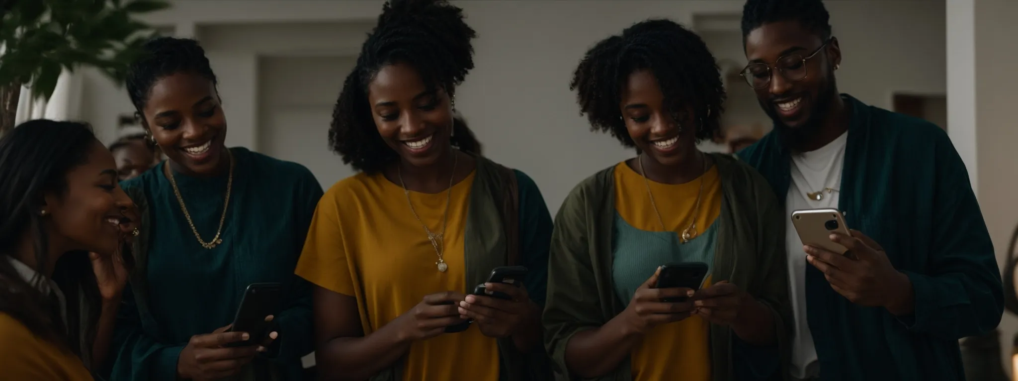 a group of diverse people laughing together while all looking at a smartphone screen.