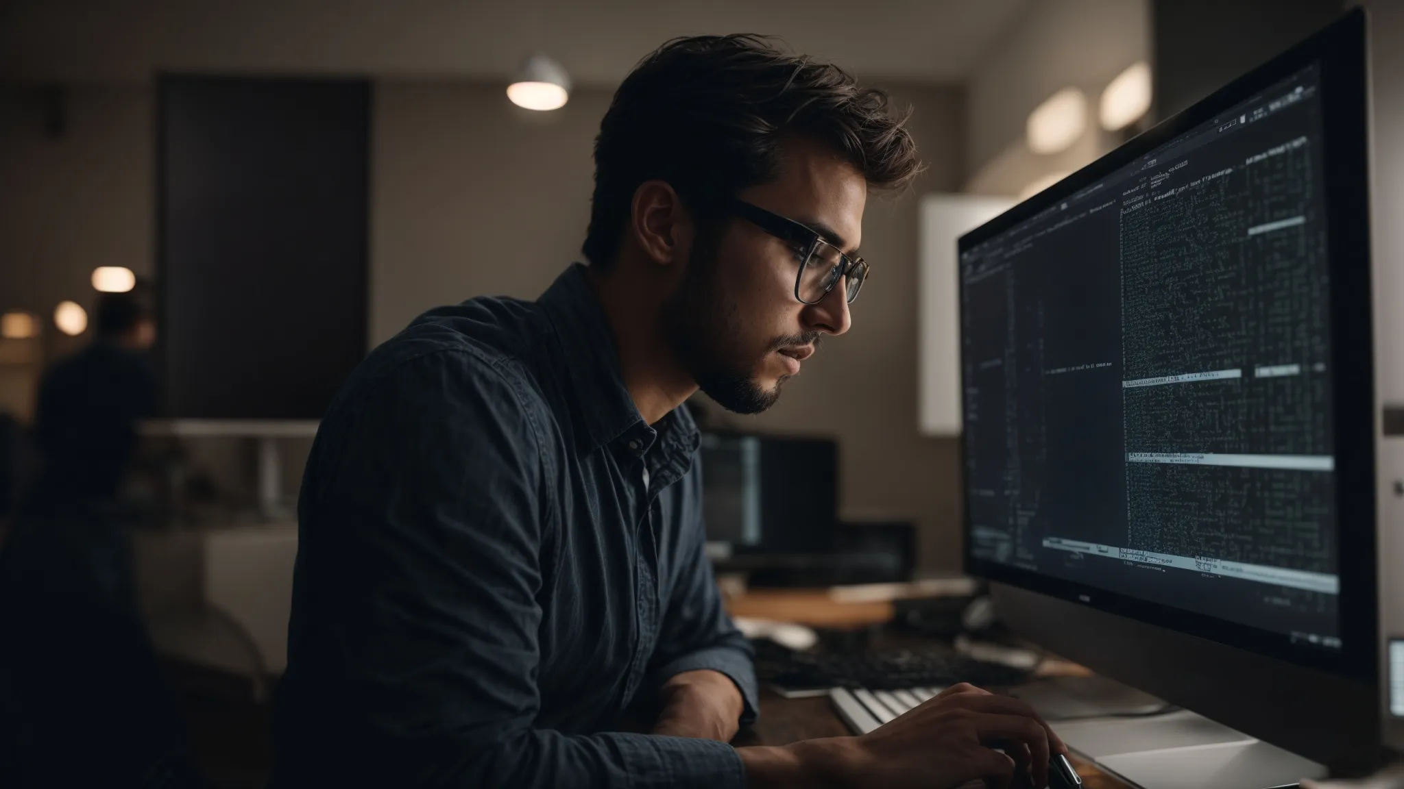 a web developer reviews code on a computer screen, ensuring website compliance with w3c standards.