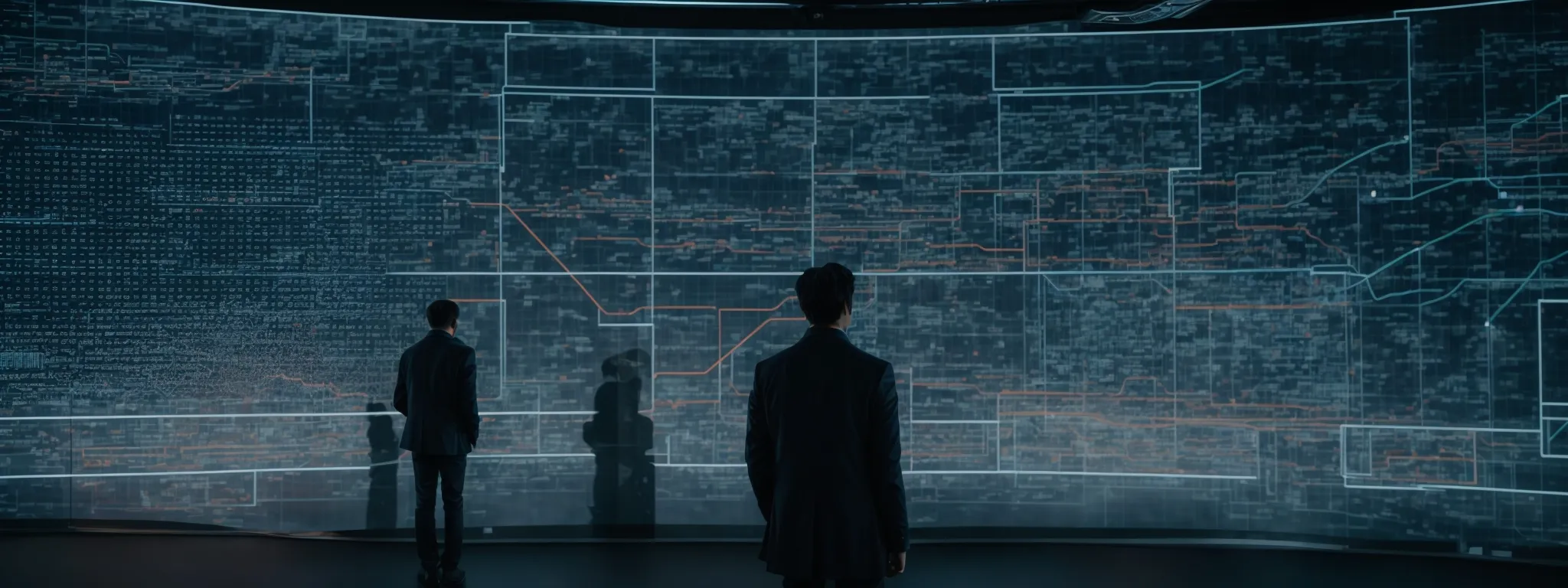 a person standing before a large interactive touchscreen display, analyzing a complex web of data and analytics.