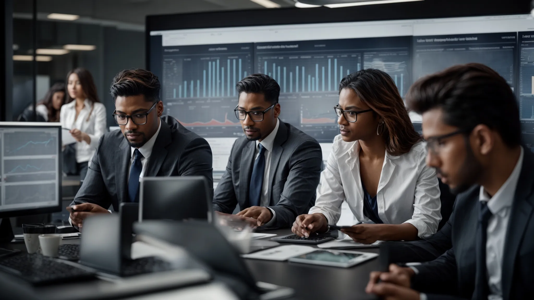 a diverse group of business professionals analyzes a large dashboard displaying website traffic analytics in a modern office setting.