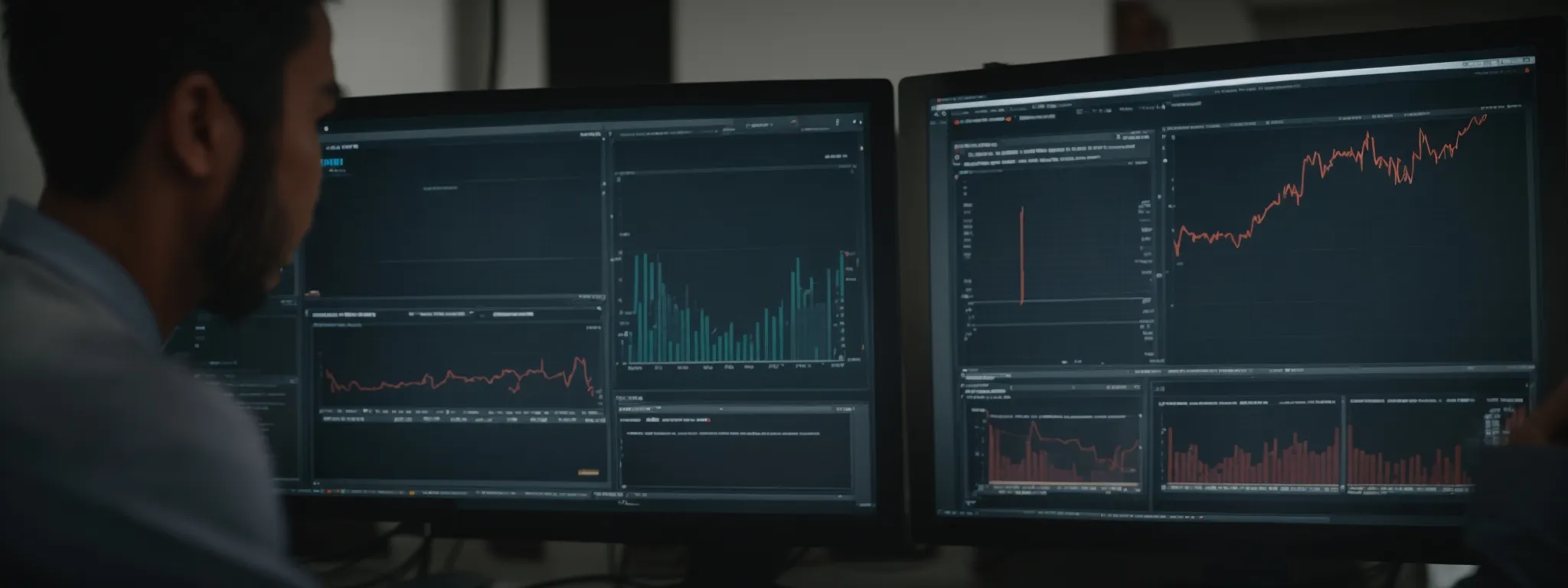 a marketer reviews graphs and charts on a computer screen, analyzing video performance statistics.