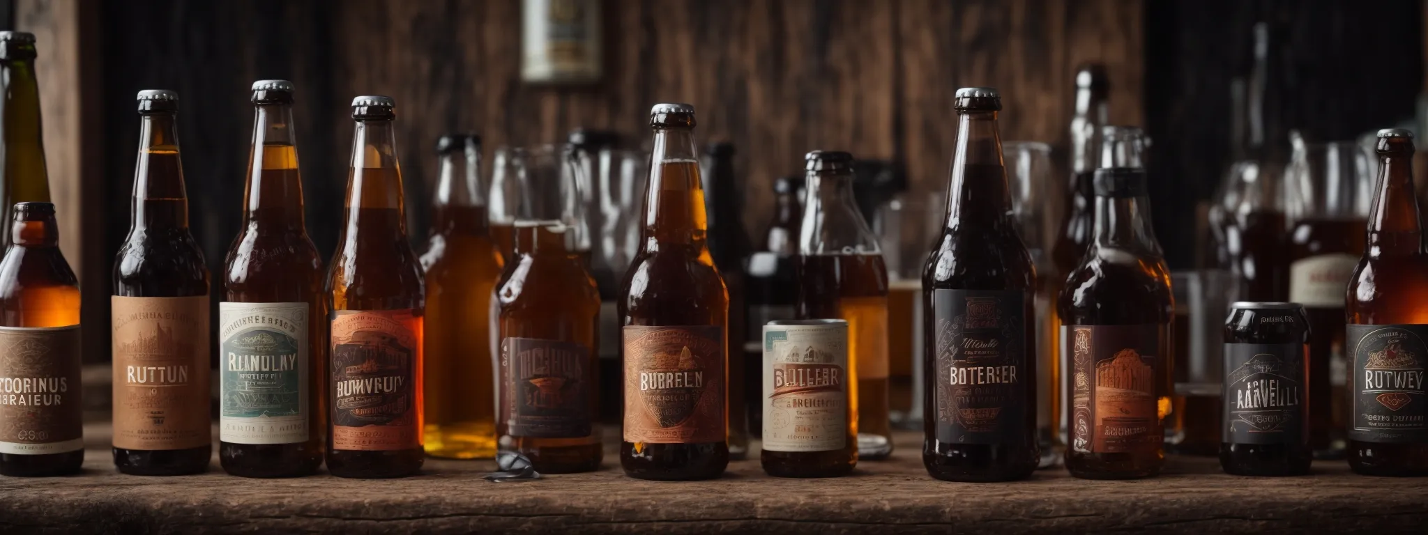 a row of assorted craft beer bottles lined up on a rustic wooden bar with a blurred brewery background.