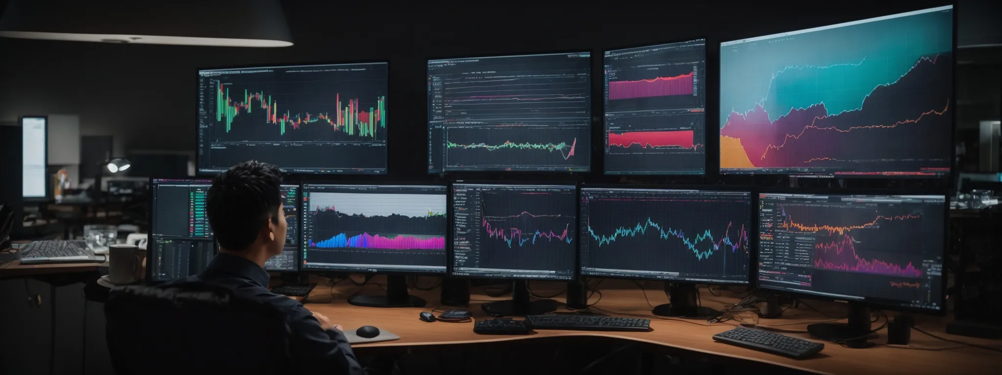 a person sitting at a spacious desk with two computer monitors displaying colorful graphs and data analytics.