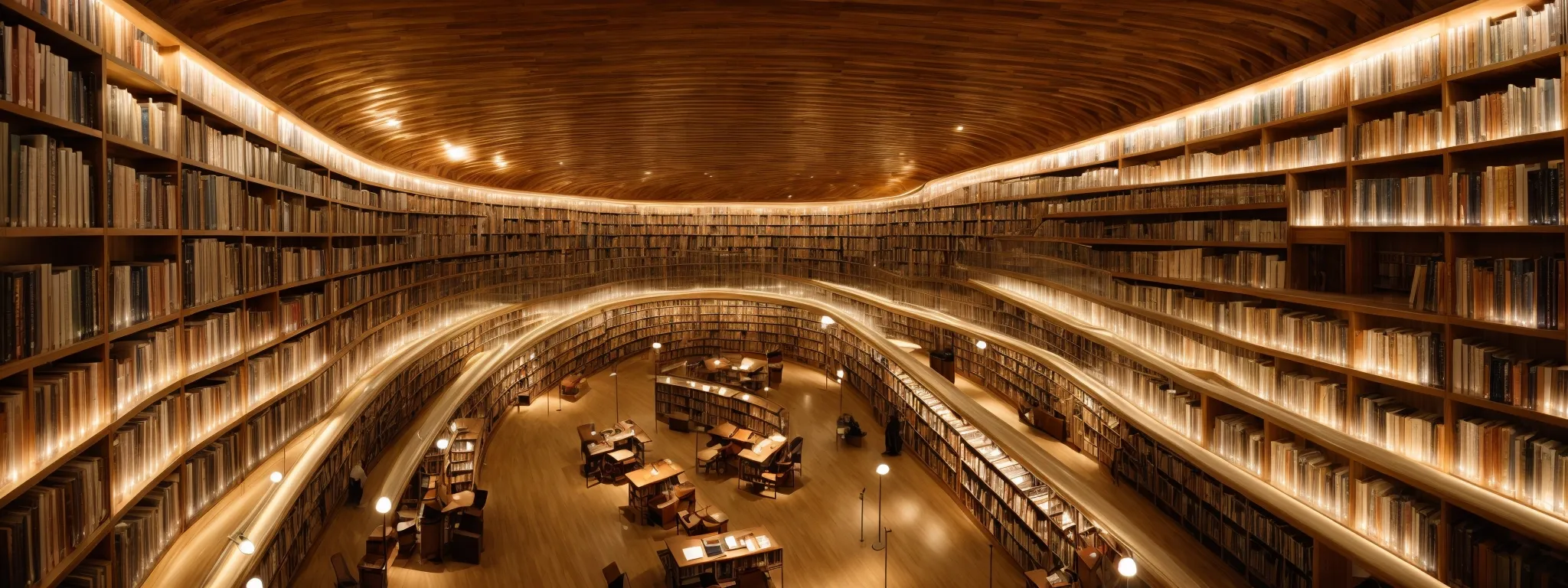 a sprawling library with endless rows of categorized bookshelves under soft, strategic lighting, designed to guide visitors toward specific sections.