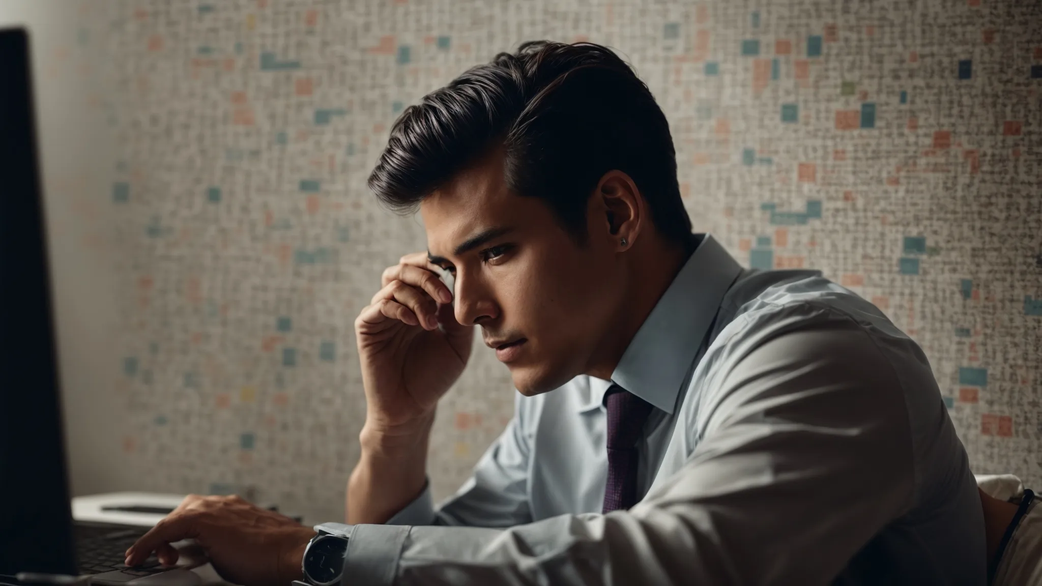 a puzzled marketer sits before a computer, scratching their head while staring at a search engine results page.