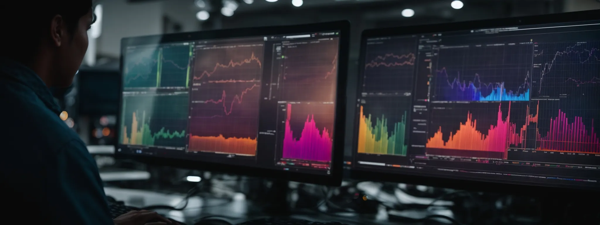a person analyzing colorful graphs on a computer screen showing traffic and engagement trends.