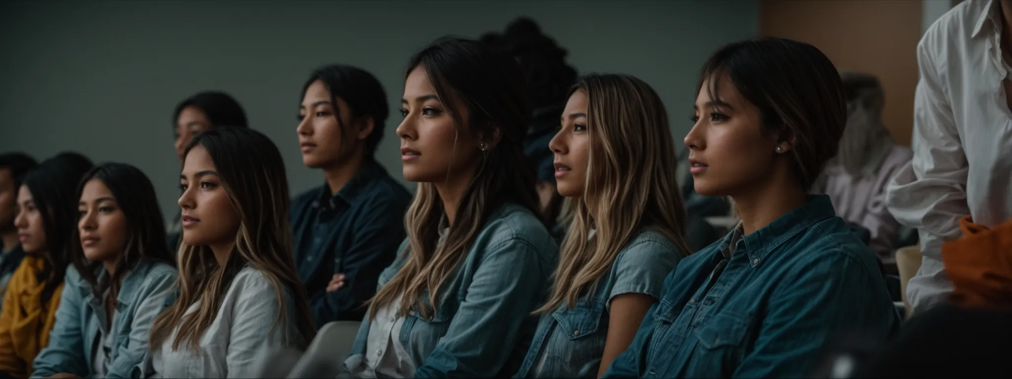 a group of focused individuals attentively listening to a digital marketing lecture in a modern classroom setting.