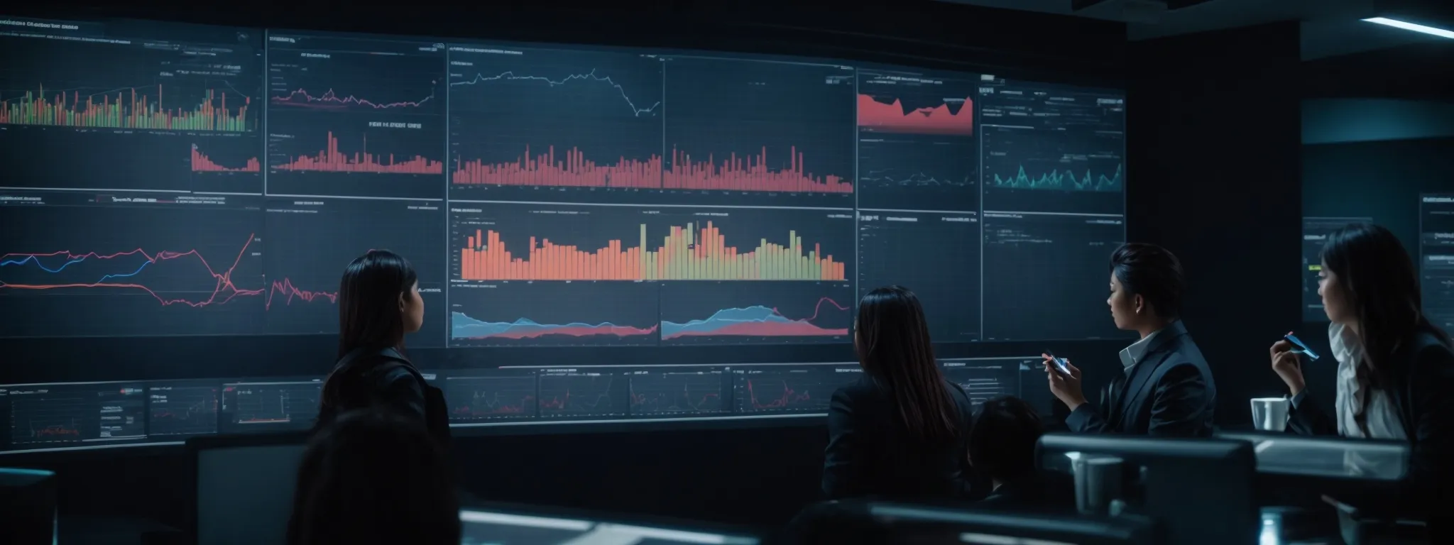 a dynamic team analyzes data on a futuristic interactive display showcasing graphs and digital marketing analytics.