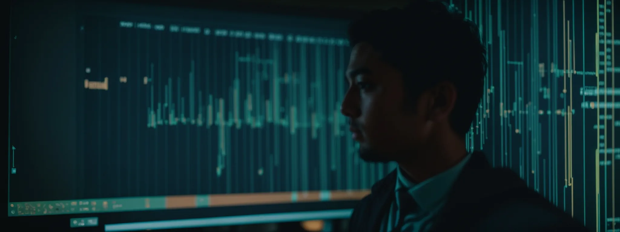a person staring intently at a complex interface filled with lines of code and data analytics on a computer screen.