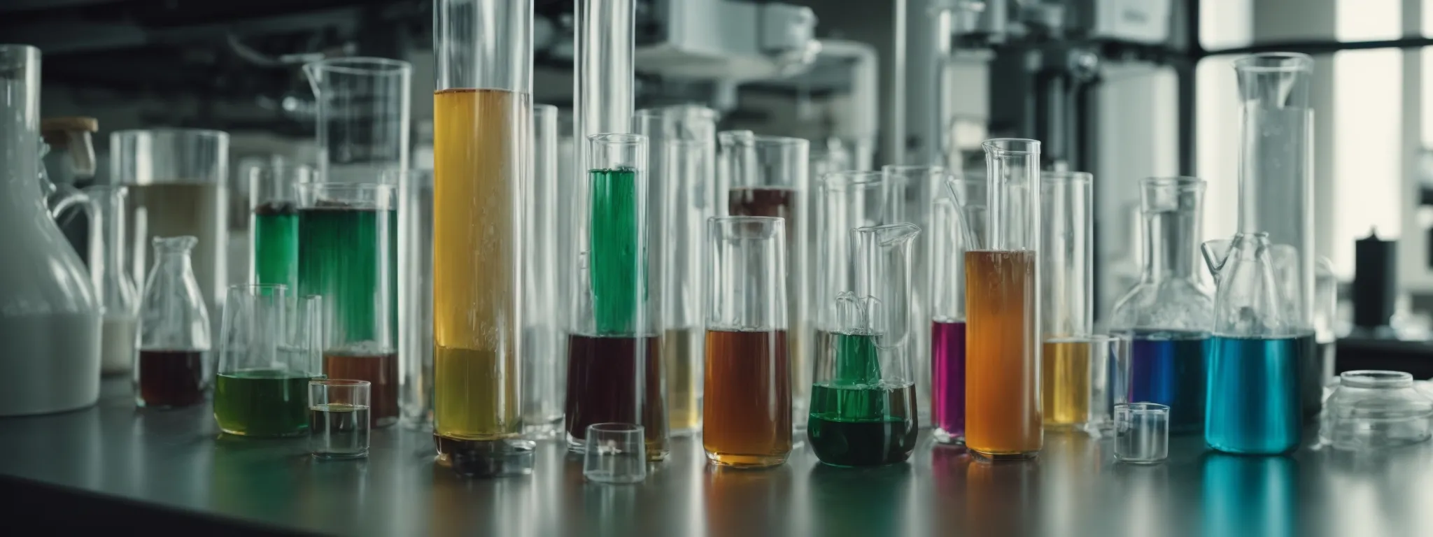 a laboratory with multiple beakers containing different colored liquids, symbolizing meticulous seo experiments and the avoidance of testing pitfalls.