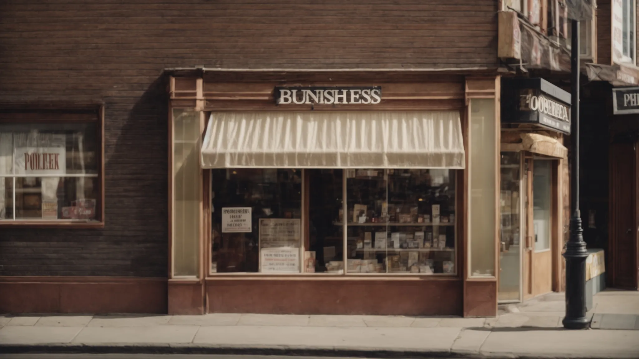a storefront with a visible placard displaying the name, location, and contact of the business.