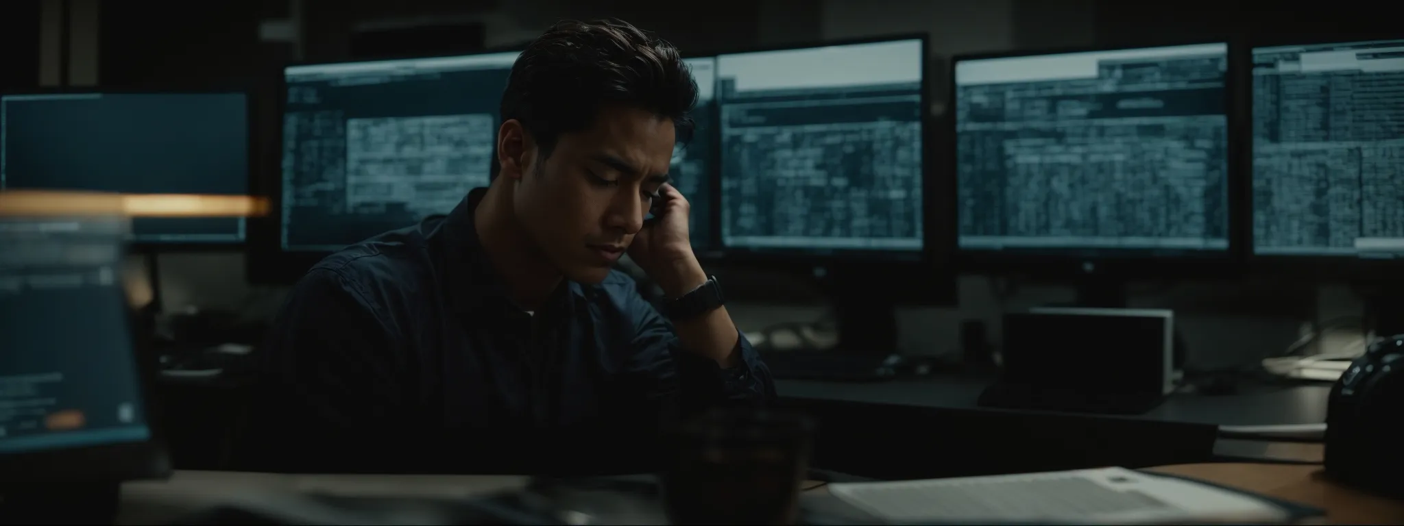 a professional staring at a computer screen with a background of blurred digital devices, reflecting a mixture of exhaustion and concentration.