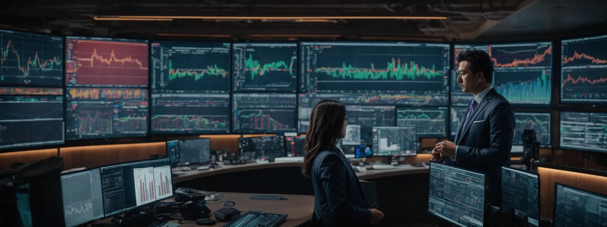 a consultant stands at the helm of a high-tech digital control center overlooking a vast array of screens displaying colorful graphs and web analytics.