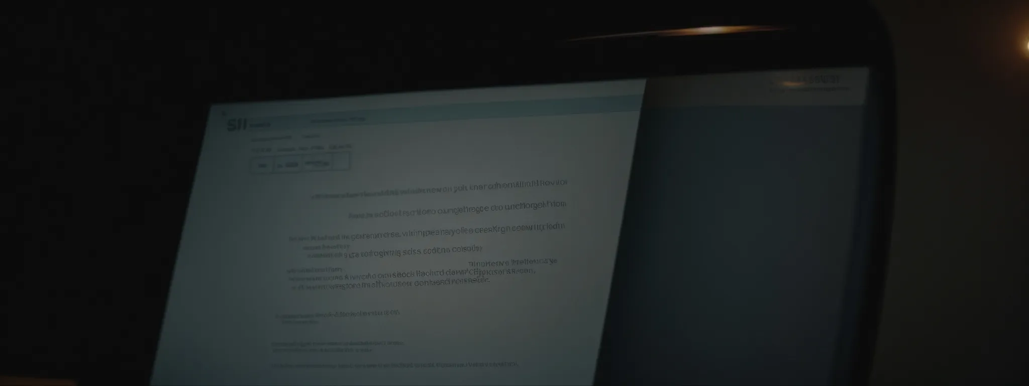 a magnifying glass revealing obscured text on a computer screen amidst a dimly lit office environment.