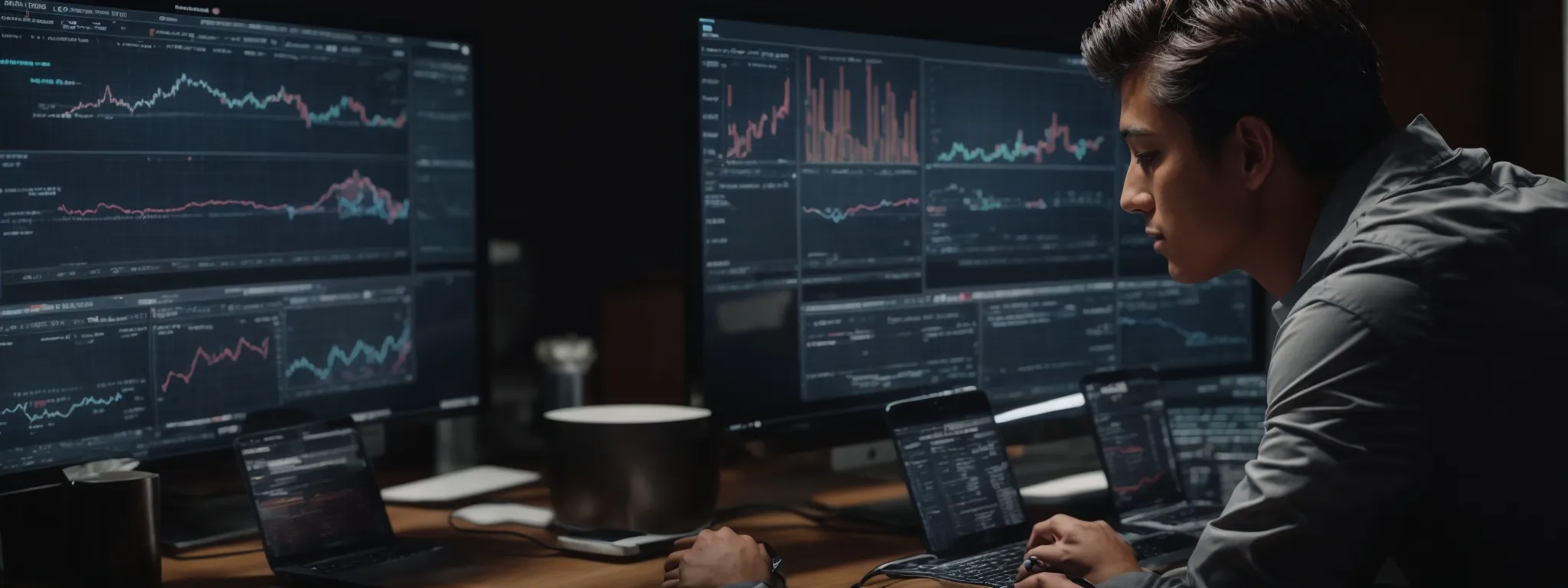 a person analyzing data charts on social media metrics and search engine rankings on a computer screen.