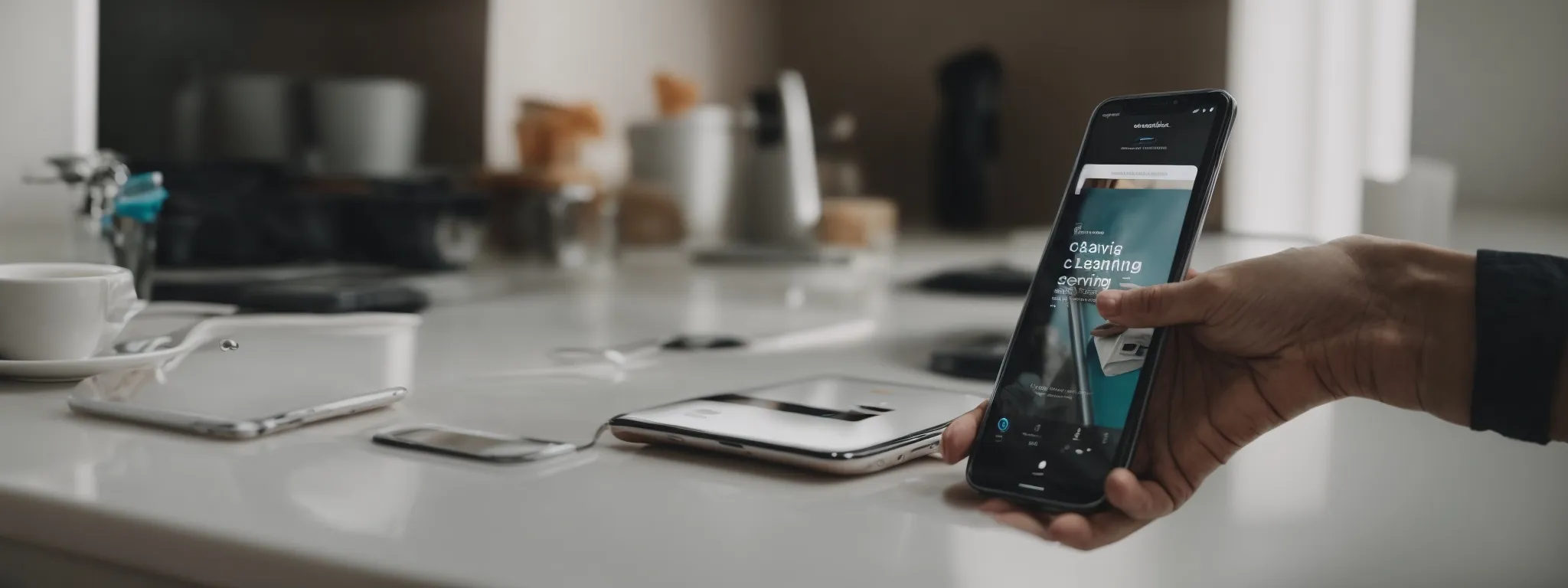 a person holding a smartphone, browsing through a sleek and responsive website for a cleaning service while on the move.