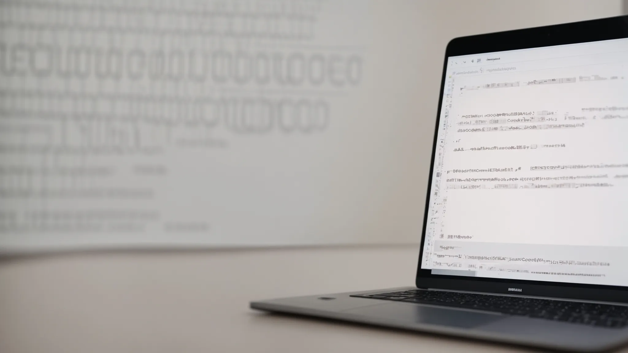 a laptop with an html code editor open on its screen, showcasing structured code with semantic tags like , , and .