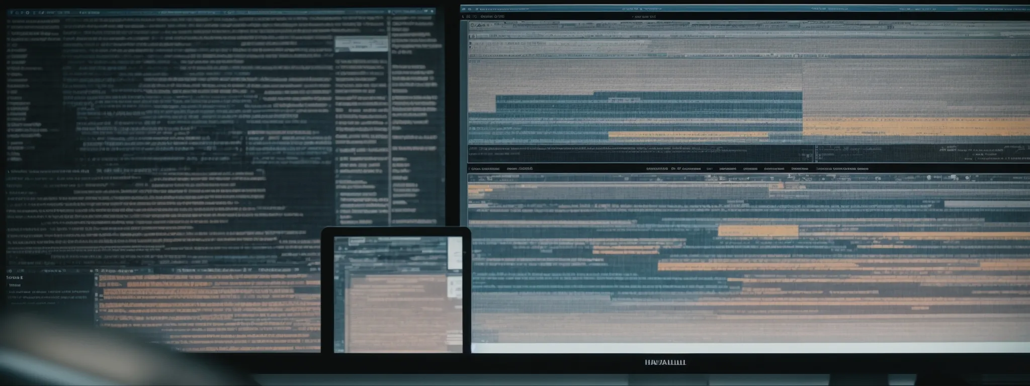 a computer screen displaying clean-coded website pages with visible html tags and organized layers of interface elements.