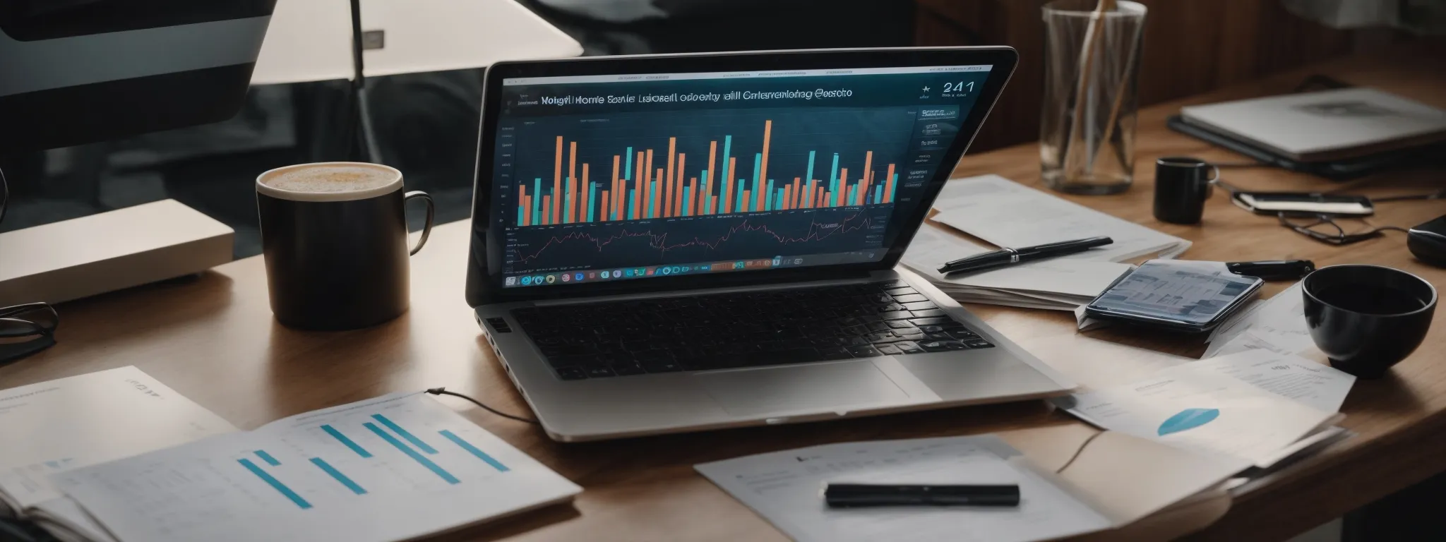 a person sits at a modern desk with an open laptop displaying graphs of email campaign metrics while a smartphone rests beside it, symbolizing the digital marketing analysis impacted by privacy updates.