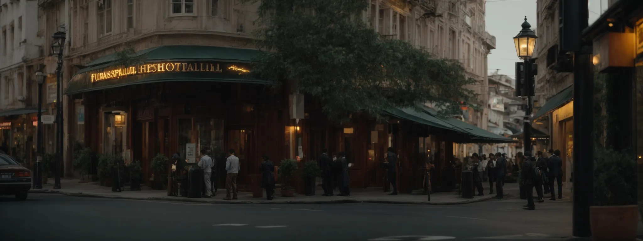 a bustling street corner showcasing a prominent hotel entrance with a welcoming ambiance.