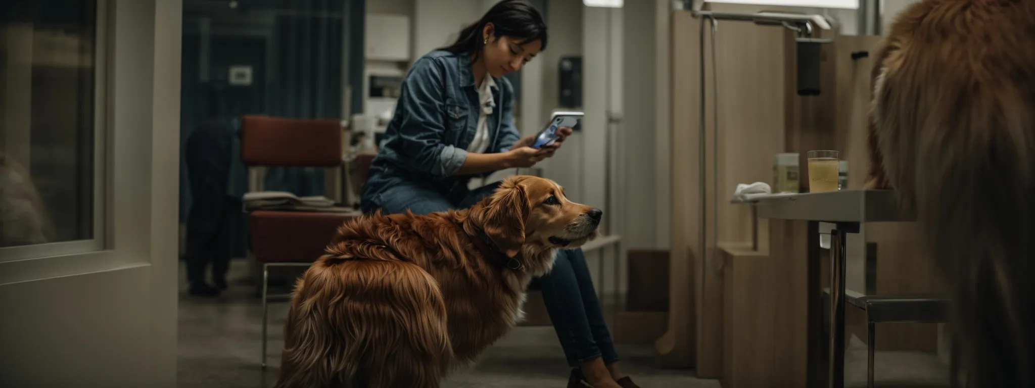 a satisfied pet owner posts a glowing review on her smartphone while her dog sits contentedly at a veterinary clinic.