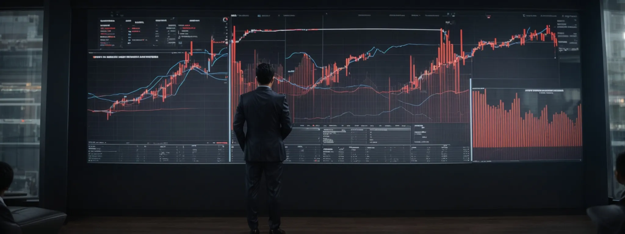 a business person stands before a large digital screen displaying graphs and marketing analytics, symbolizing the strategic overview of digital marketing tactics.