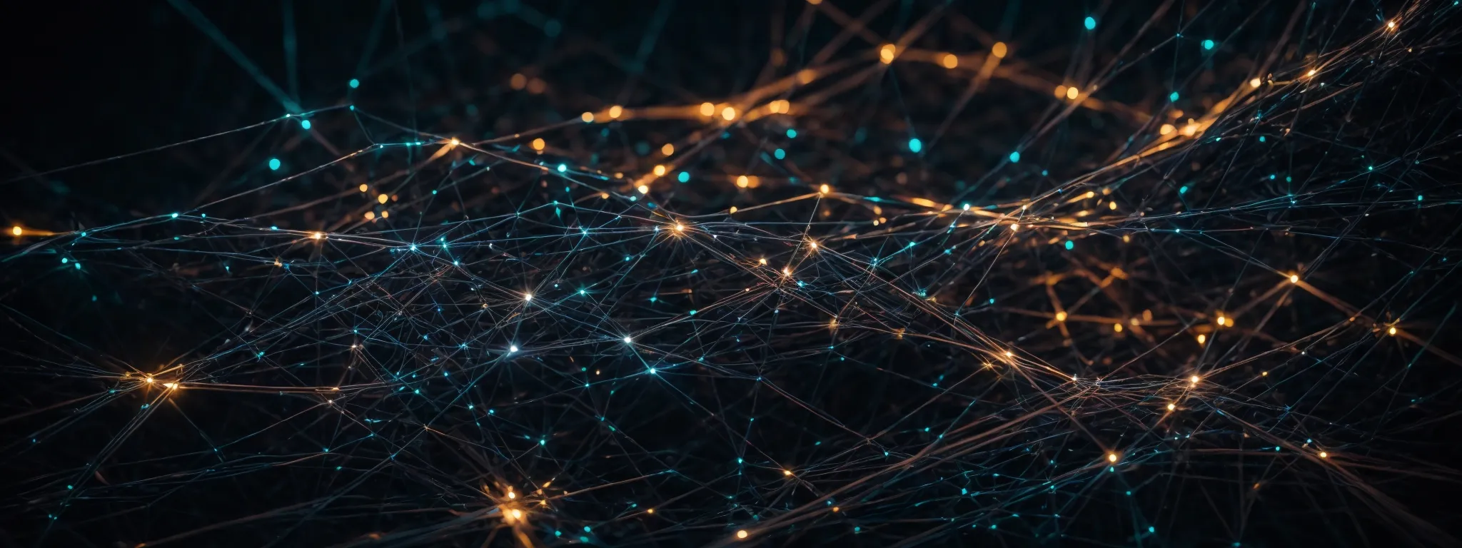 A digital illustration depicts a network of interconnected lines and nodes glowing in blue and orange against a dark background, resembling a neural network or data connections.