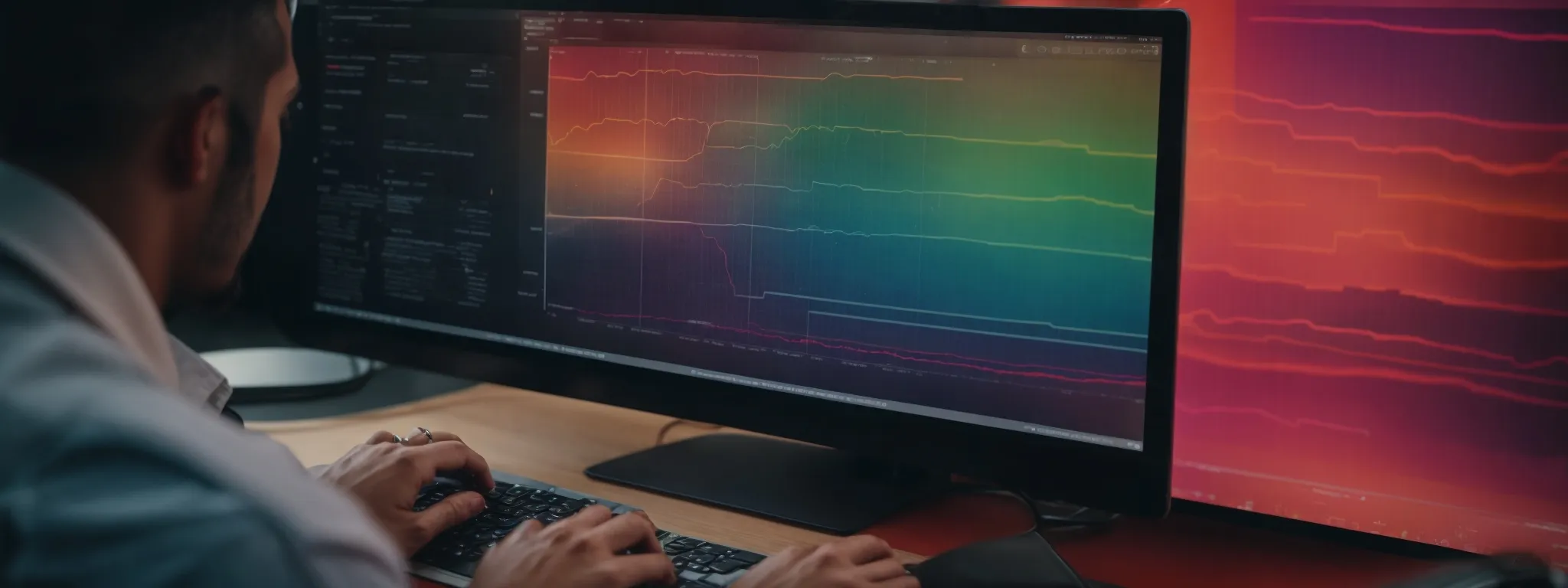 a digital marketer analyzes a heat map on a computer screen, optimizing a website's landing page design.