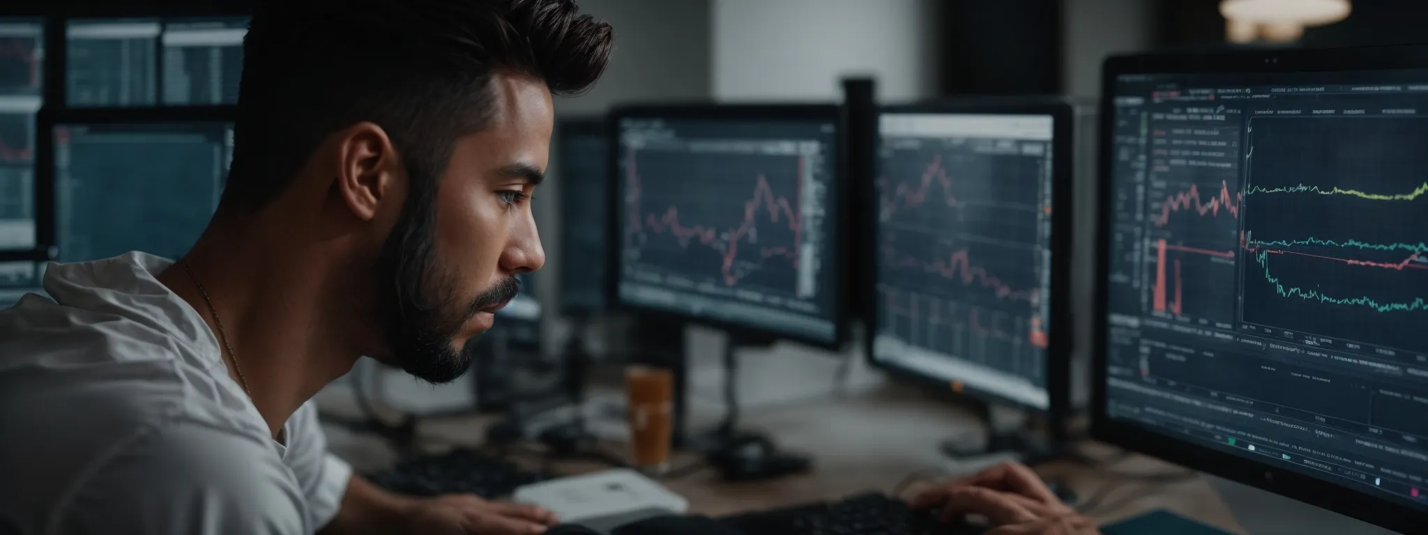 a digital marketer intently analyzes data on a computer screen, reflecting the sophisticated process of optimizing a website’s seo strategy.