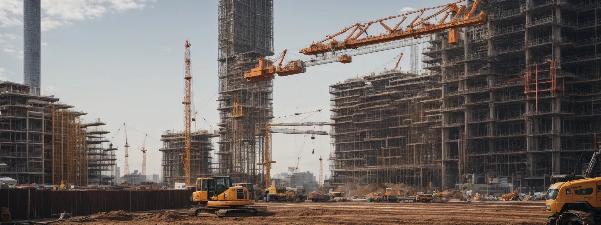 an expansive construction site with cranes erecting the framework of a modern building against the backdrop of a clear sky.