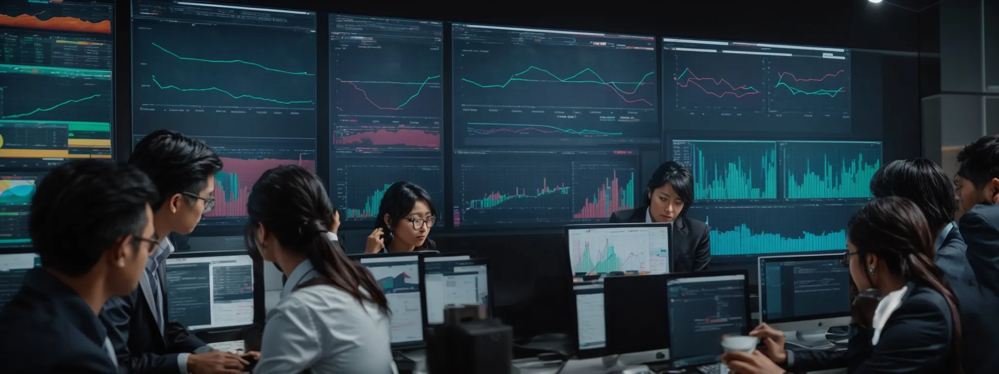 a group of professionals intently studying a large, interactive analytics dashboard on a screen, showcasing colorful charts and graphs.