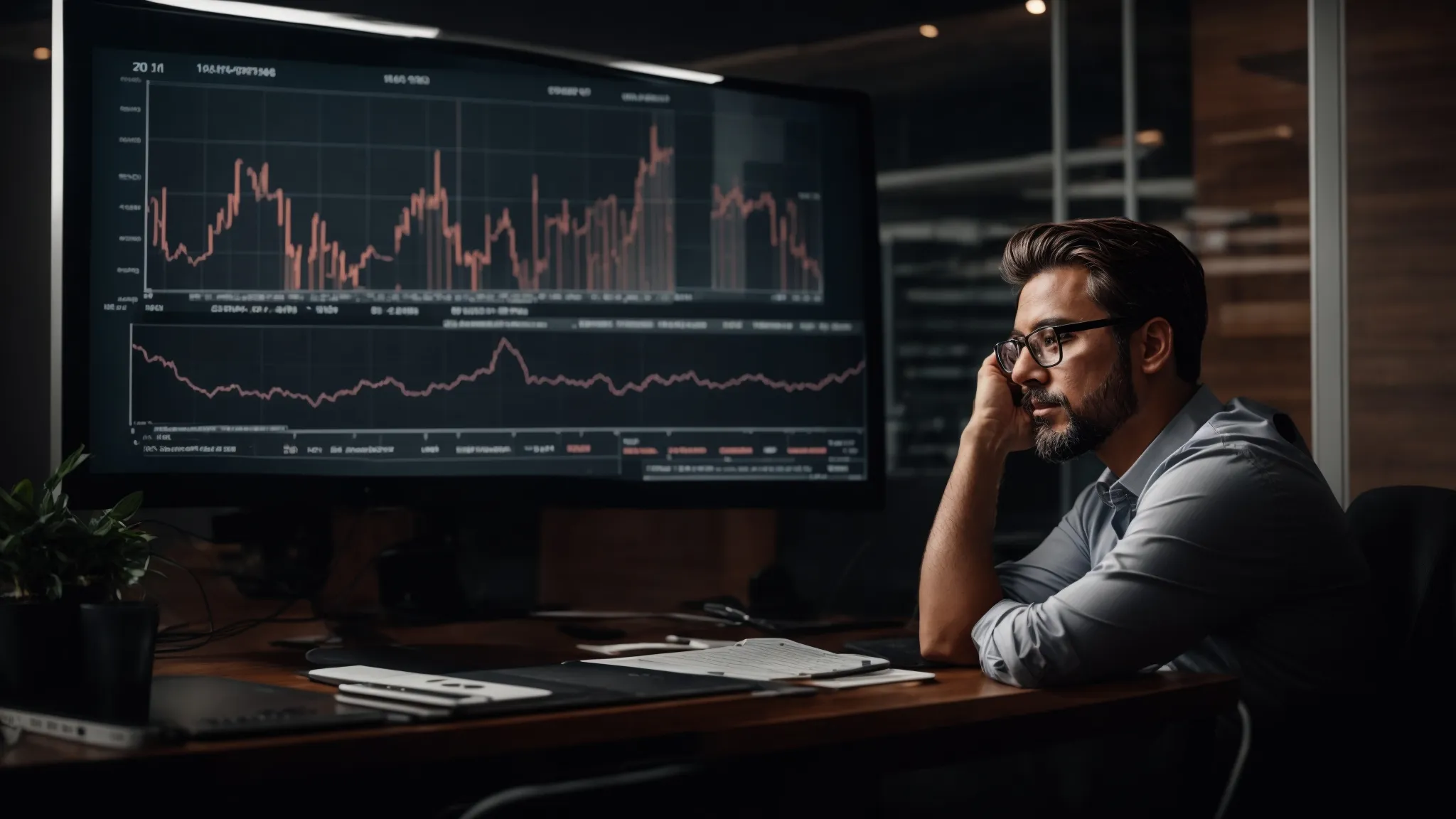a frustrated marketer sits in front of a computer screen displaying a declining graph, reflecting the pitfalls of seo organic traffic.